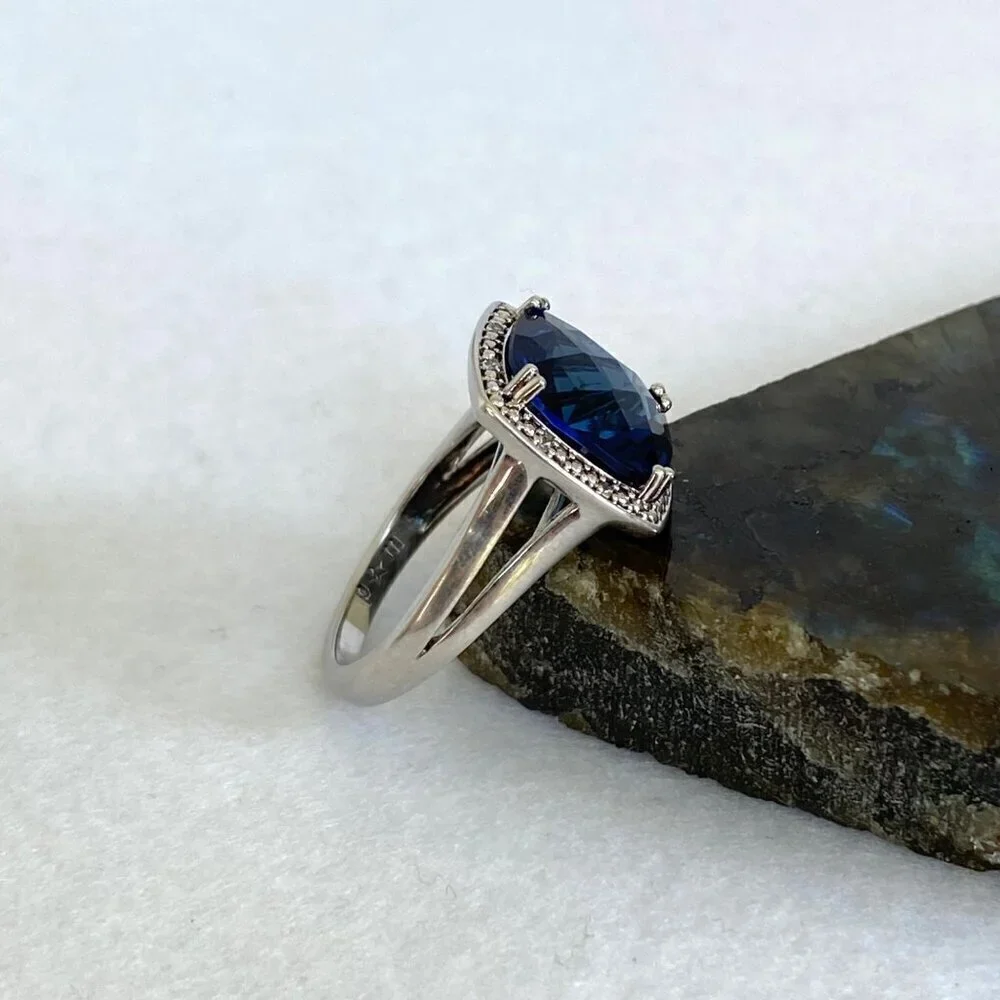 Sterling Silver 925 P☆M Blue Cubic Zirconia & Diamond Accent Stone Ring Sz 7